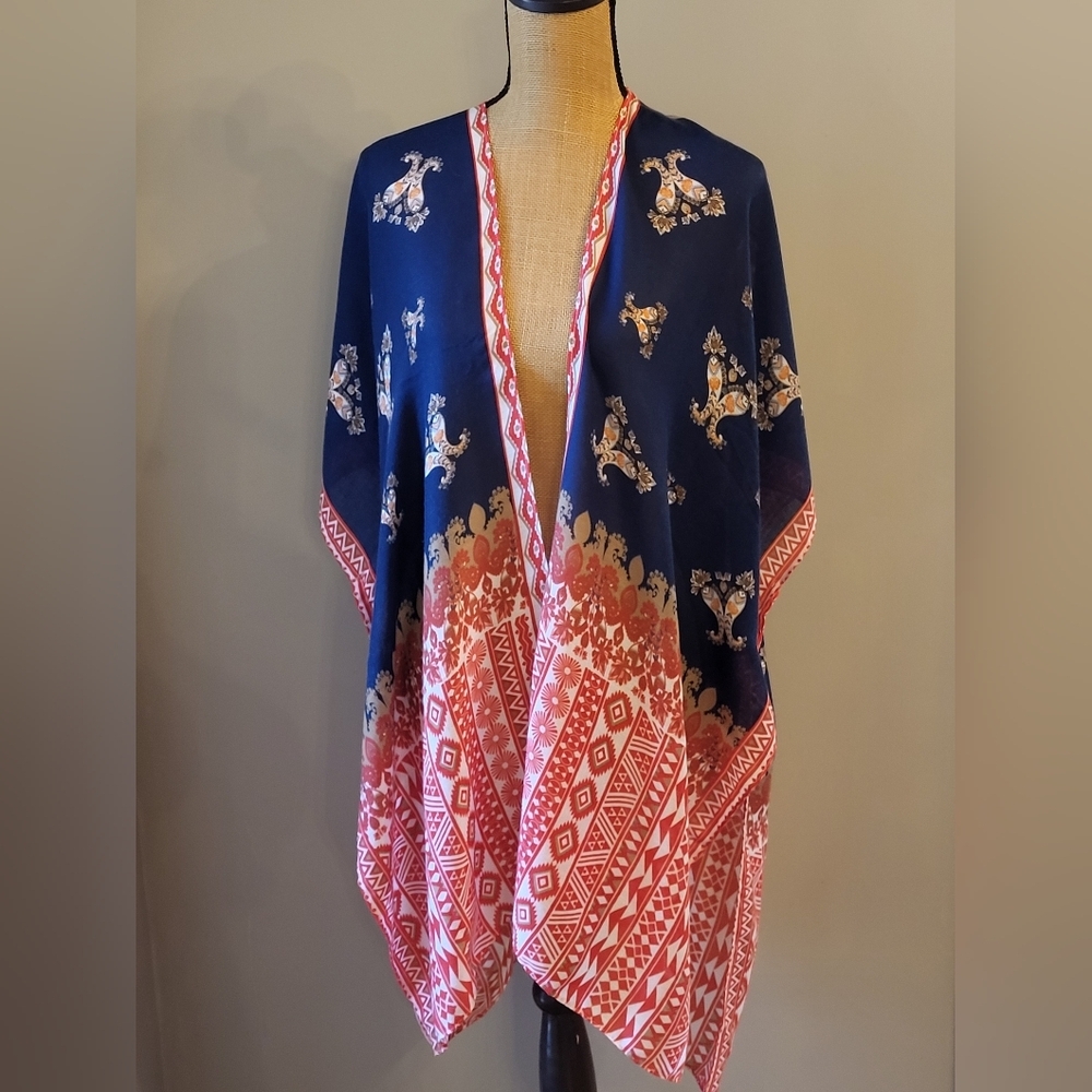 Save The Ocean Red/Blue Paisley Kimono One Size